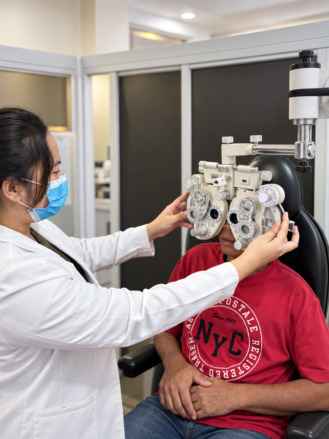 An Eyezone clinician conducting a careful vision assessment with a phoropter