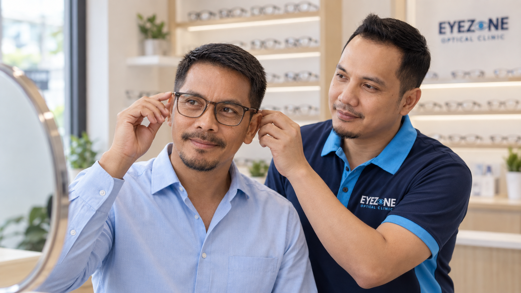 An Eyezone team member carefully fitting a patient's eyeglasses in the clinic